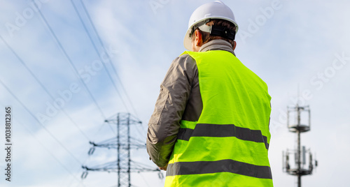 Male engineer, seen from the back, employee of a telecommunications company, stands in front of a high voltage power line and a cell phone tower.