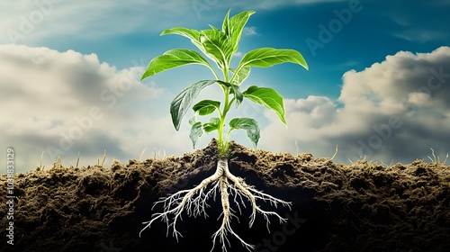 plants growing in the land, close-up,Individual,cross-section, plant, root,Meridians, absorbing nutrients,transporting nutrients,Real scene, 