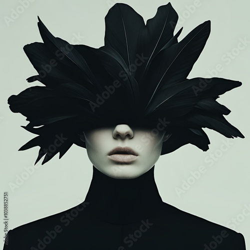  Model in black floral headpiece against pale background.