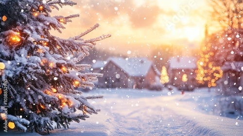 Winter christmas snowy village composition background