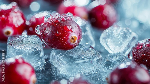 Fresh cranberries on ice with water droplets close-up