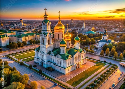 Aerial view captures the beauty of Astrakhan Kremlin, Assumption Cathedral bathed in sunset.