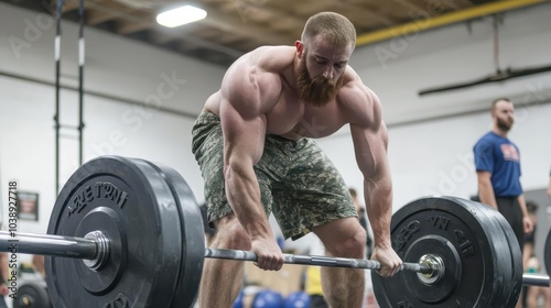 A man executing a perfect deadlift, emphasizing his back, legs, and arm muscles, with a look of concentration