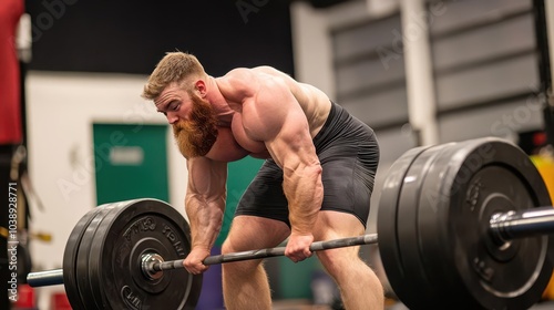 A man executing a perfect deadlift, emphasizing his back, legs, and arm muscles, with a look of concentration