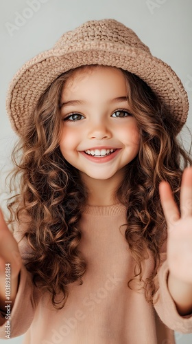 a joyful light skin curly hair ethiopian girl, smiling brightly, She is holding her hands out in front of hert. The background is plain and light,