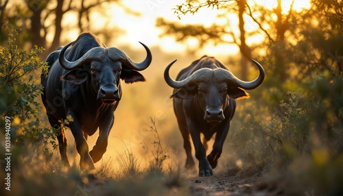 Sillonnant le sentier sinueux de la brousse africaine, le buffle avance d'un pas sûr, indifférent aux cris lointains des animaux.