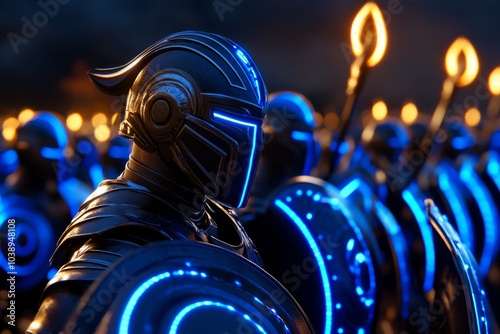 Futuristic Spartan phalanx, equipped with energy shields and plasma spears, standing in formation under a dark sky