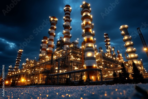 Oil refinery at dusk, with massive industrial towers and pipelines, illuminated by the warm glow of industrial lights