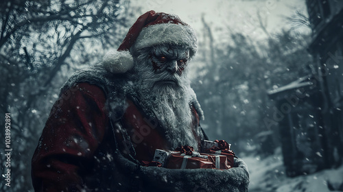 A Dark and Malevolent Reimagining of Santa Claus with Twisted Features and Cursed Gifts