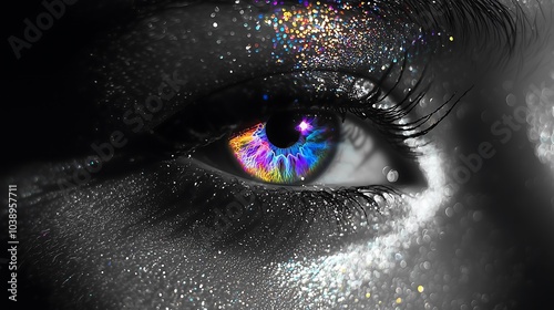 Mesmerizing Rainbow Iris Close-up with Dramatic Black and White Contrast.Generative AI 虹色の虹彩のドラマチックな白黒コントラストのクローズアップ