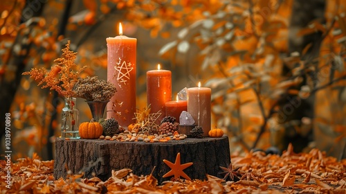 Autumn altar decorated for Samhain, with candles, crystals, dried herbs, and...