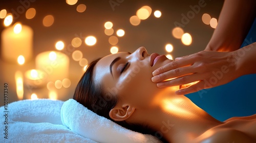 performing a head and neck massage on a client lying on a soft towel. The person receiving the massage has a relaxed expression,