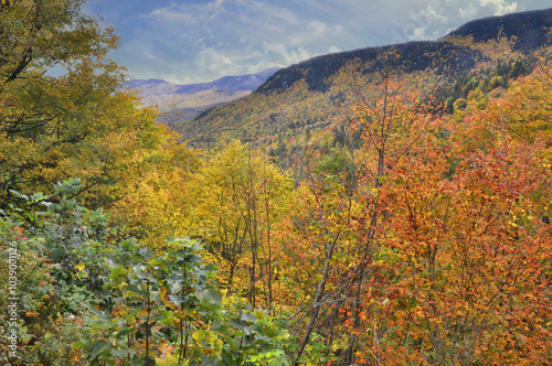 Stunning scenic view near top of Evans Notch in Maine. Blue sky, puffy white clouds, and vibrant fall foliage with treelined mountains in White Mountain National Forest.