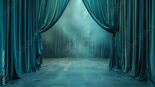 Teal velvet curtains are pulled back to reveal a misty, ethereal stage setting.