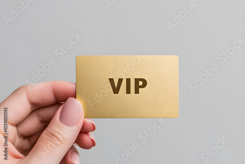 Woman’s Hand Holding a Golden Business Card with ‘VIP’ Text – Luxury and Exclusive Networking