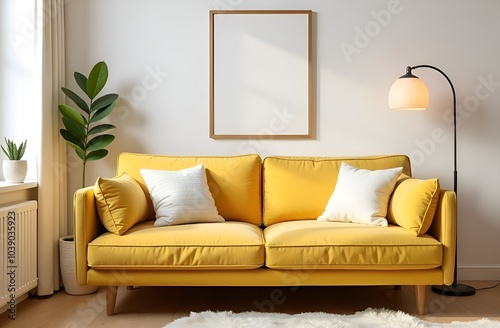 modern apartment interior, yellow sofa with white pillows on a wooden floor, above the sofa there is a frame with a place for text, paintings