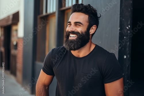 Portrait of a handsome young bearded man in a black t-shirt smiling and looking at the camera