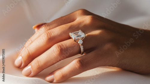 A woman is holding a large diamond ring on her finger. The ring is gold and has a diamond in the center. The woman's hand is shown in the foreground, and the ring is the main focus of the image