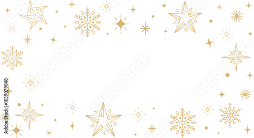 Golden stars and snowflakes in minimalist line art style, arranged on white background with plenty of space, elegant and festive frame