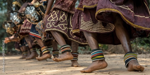 Igbo Atilogwu Dance Rhythm. A close-up of the synchronized foot movements in the Atilogwu dance, an energetic and acrobatic dance performed by the Igbo people of Nigeria.