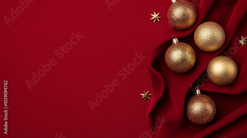 Luxurious red velvet fabric adorned with glittering gold stars and festive ornaments creates warm and inviting holiday atmosphere. Perfect for seasonal decorations