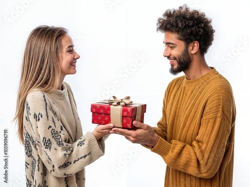 Alegria e amizade em um Natal perfeito! Amigos trocando presentes embrulhados em papel colorido, em um fundo branco