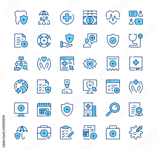 Health insurance icons. Outline symbols. Vector blue line icons set