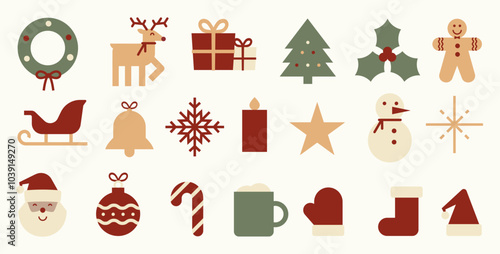 Christmas flat icon set. 20 vector illustrations. Festive seasonal graphic elements