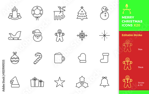 Merry christmas icon set. 20 vector editable festive seasonal graphic elements