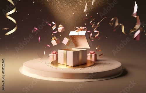 Pink and gold gift boxes with bows and ribbons are scattered on a brown background. The large box is open with gold confetti coming out.