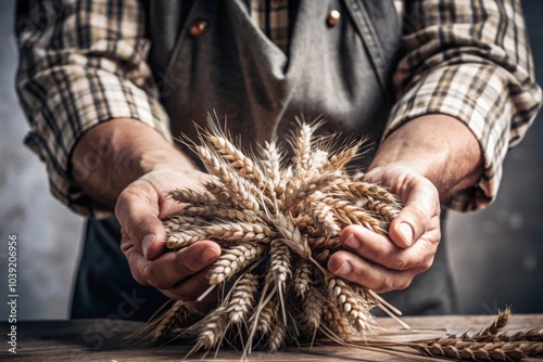 Farmer holding freshly harvested wheat sheaves in hands against a dark background