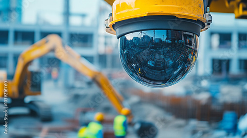 Construction site surveillance camera overlooking workers and machinery during the day