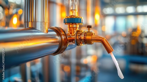 Close-up of distillation tower, refining fuel, sleek industrial design