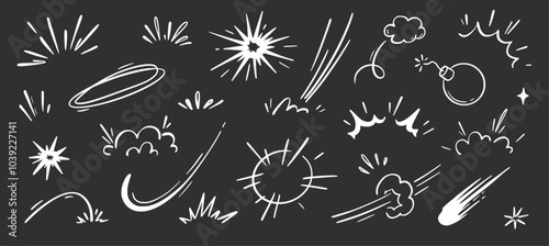 Comic cartoon boom speed effect, explosive motion line element set. Comic boom burst, explosive smoke, line speed cartoon chalkboard. Hand drawn sketch doodle action effect. Vector illustration.