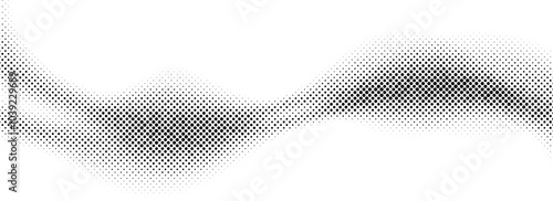 Comic halftone wave background. Dotted curved flow wallpaper. Abstract textured fluid backdrop. Black grit pop art swoosh element for poster, banner, overlay, card, brochure, flyer, leaflet. Vector