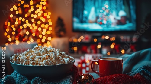 Christmas movie night with friends, watching holiday classics together, surrounded by Christmas lights and hot cocoa.