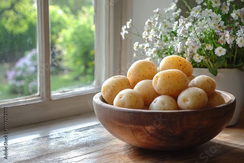 Fresh potatoes resting in bowl on table by sunny window