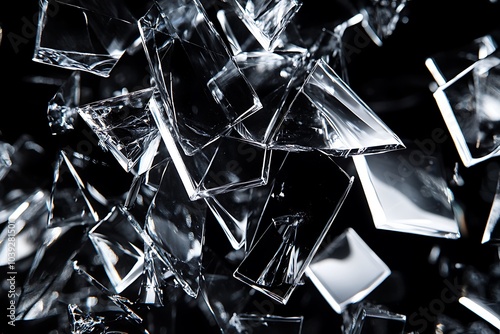 Abstract background of shattered glass shards against a black backdrop.