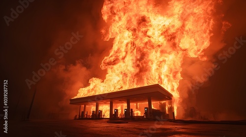 Intense flames erupting from a gas station on the outskirts of town lighting up the night sky with a dramatic fiery spectacle The powerful blaze creates a vivid