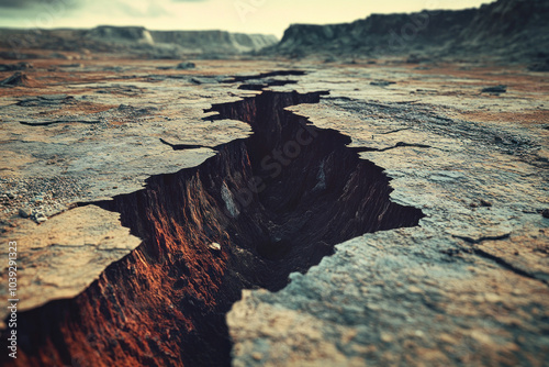 Large crack in ground, splitting earth open with jagged lines, showing powerful geological forces at work.