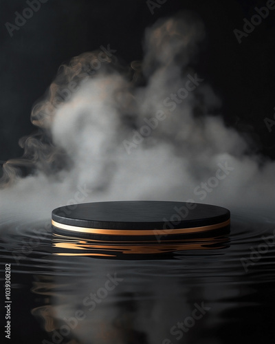 a matte black circular podium set against a solid black background. above a reflective water surface . Smooth white smoke swirls gracefully around the podium