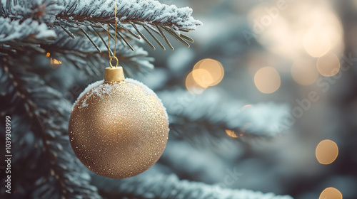 gold bauble on decorated Christmas tree in winter with snow and blurred background