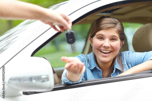 Happy girl, portrait and car with keys for purchase, asset or vehicle privileges in neighborhood. Young, female person or driver with smile by window for transport service, commute or motor ownership