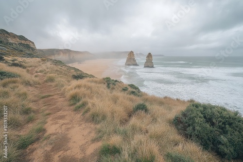 Hiking trail leading to the twelve apostles on a foggy day