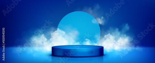 Round podium on sky blue background with clouds of smoke. Vector realistic illustration of product presentation platform, modern advertising showroom with heavenly design, neon illumination in mist