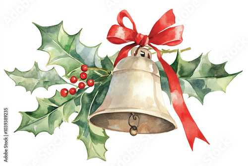 Detailed watercolor illustration of a festive bell with holly leaves and berries, bright red ribbon, isolated on white, ideal for Christmas-themed clipart