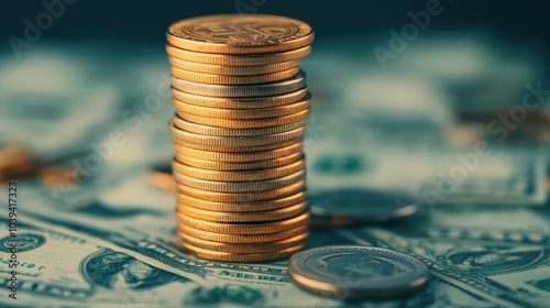 Stacked Tower of Golden Coins Surrounded by Dollar Bills and Silver Coins Symbolizing Financial Success Wealth Building and Prosperity Through Investment and Savings