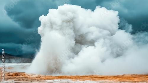 Powerful eruption of a geyser releasing a massive plume of steam and water from the Earth s geothermal depths showcasing the untamed natural force of a geyser explosion in a dramatic landscape