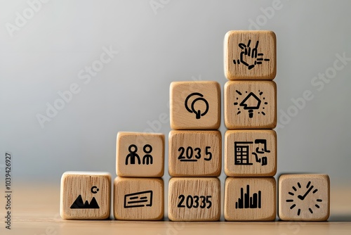 Wooden Blocks Displaying Future Milestones for 2035 and 20335 with Business and Innovation Icons