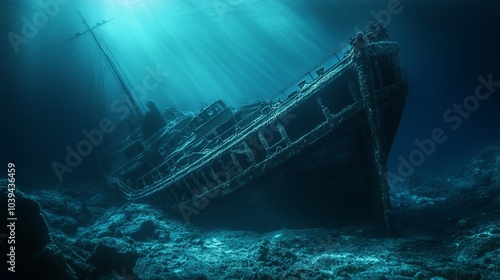 A sunken ship after a shipwreck on the seabed in the dark waters of the ocean.